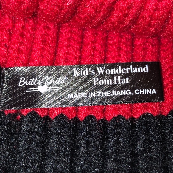 Britts Knits Red, Gray and Black Kids Pom-Pom Beanie, NWOT, pet/smoke free home - Picture 3 of 6